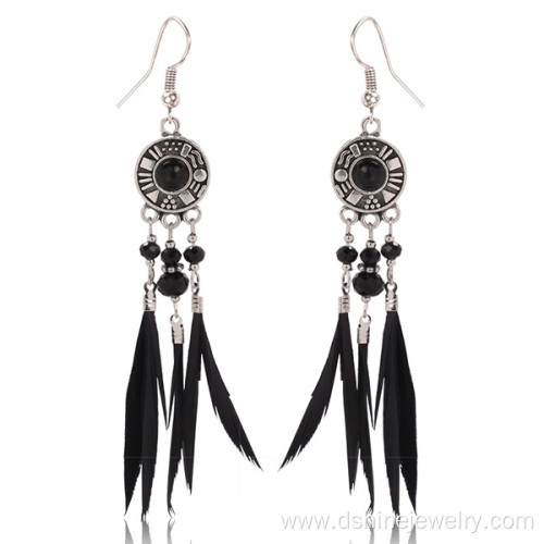 Black Feather Earrings Alloy Pendant Crystal Hook Earrings